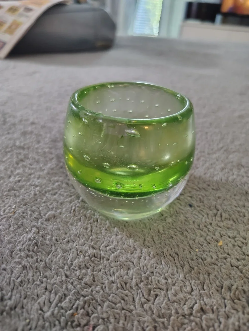 Vintage Handblown Green Glass Votive Holder Historic Bubble Pattern